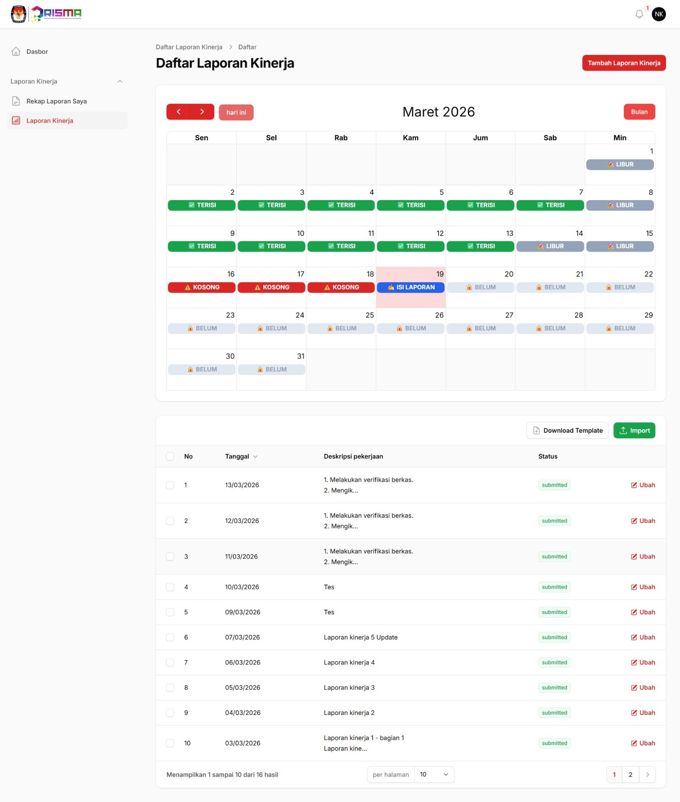 Kalender Laporan Kinerja